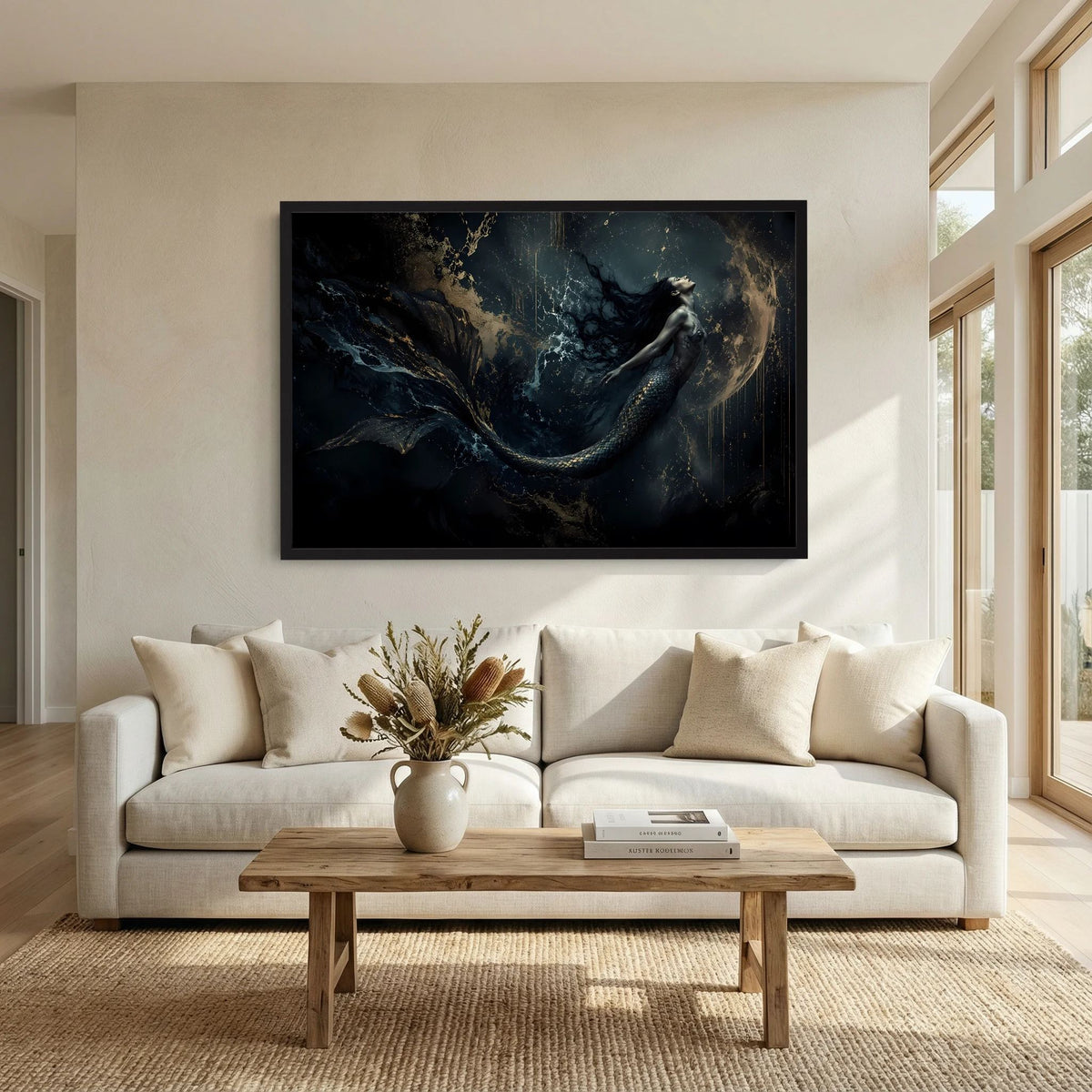 Wandbild mit Meerjungfrau im Mondschein, dunkles Blau und Gold, schwarzer Rahmen