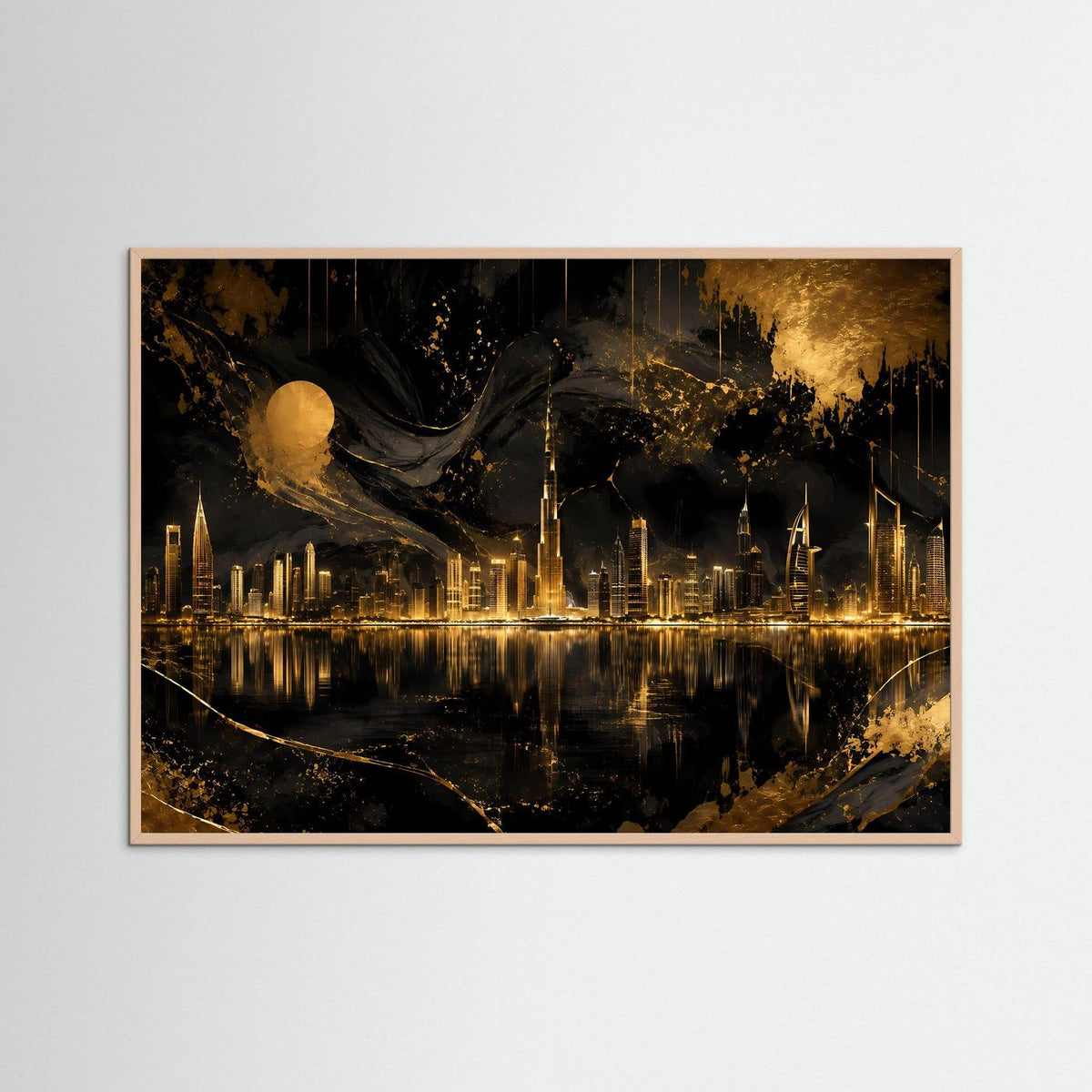 Querformat-Poster Skyline Nacht, schwarz-gold, in rosafarbenem Holrahmen mit Wasserreflexionen