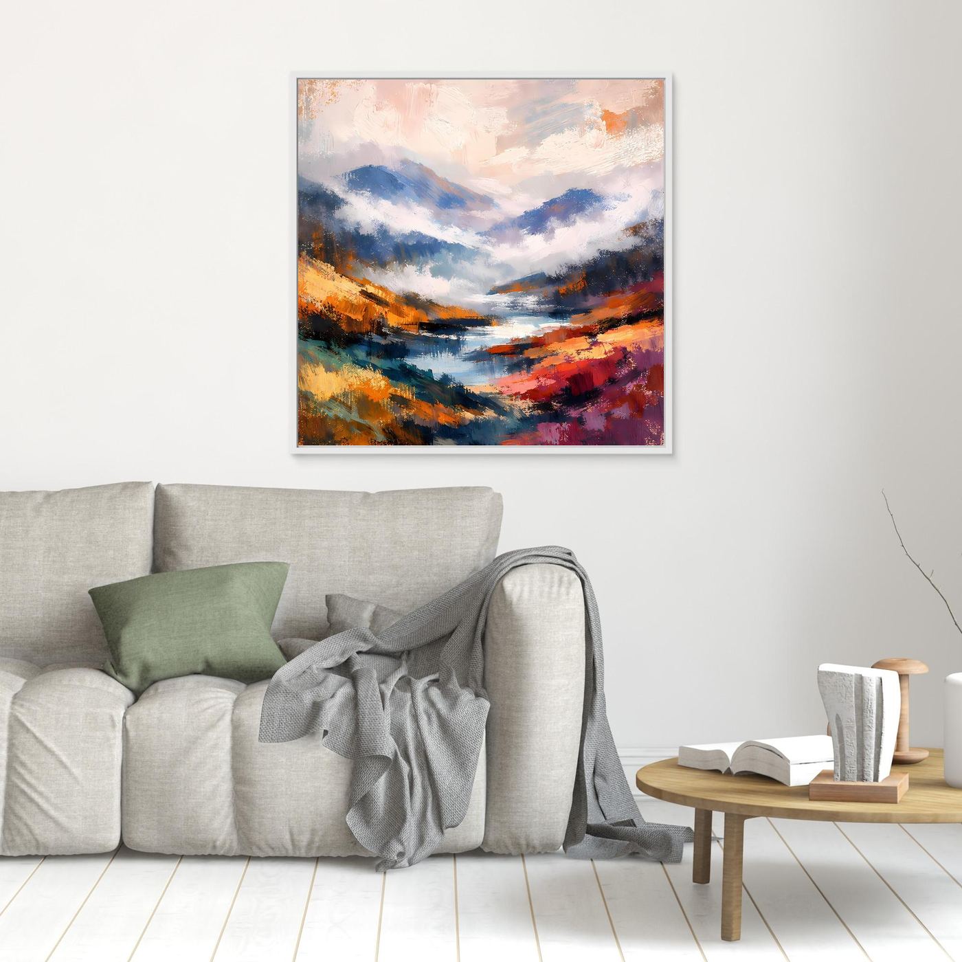 Leinwand-Wandbild: abstrakte Berglandschaft mit Fluss, weißer Rahmen, blau-orange Farbflächen.