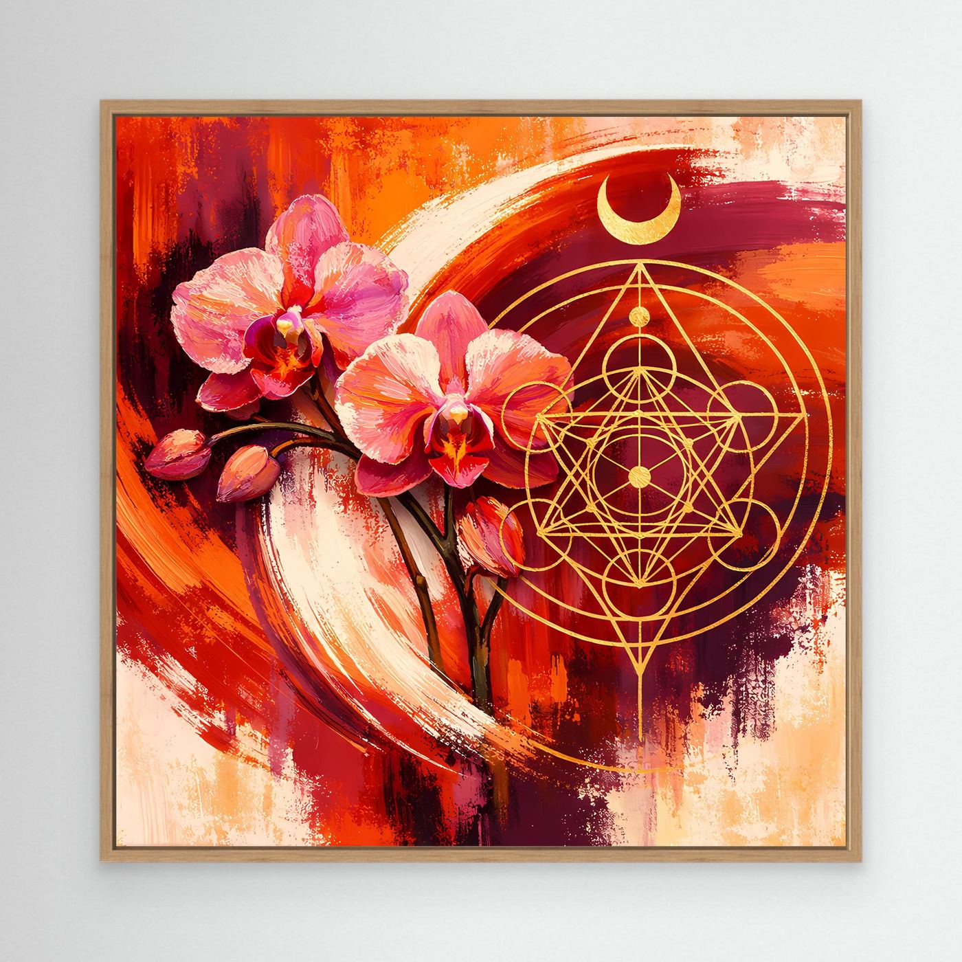Abstraktes Wandbild mit Orchideen und goldener Geometrie, mit hellem Holzrahmen