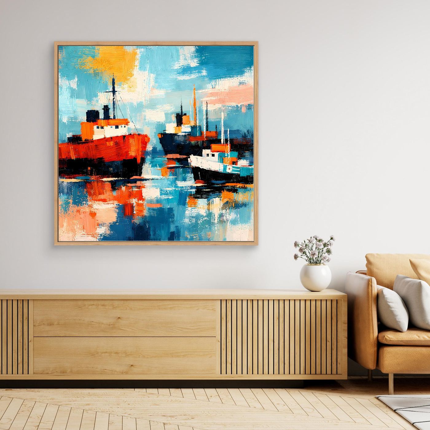 Maritimes Leinwand-Wandbild mit zwei Schiffen im abstrakten Farbspiel, brauner Holzrahmen.