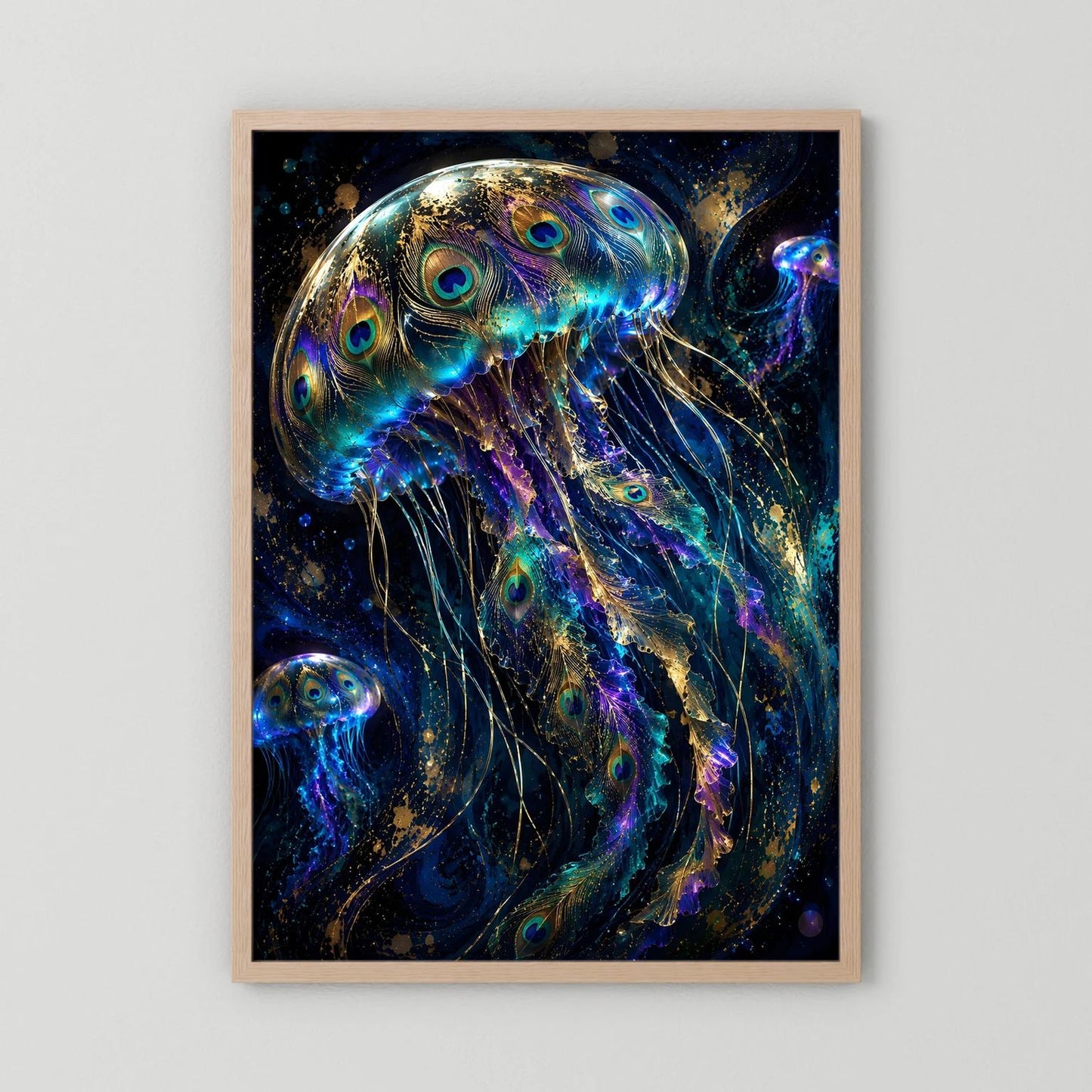 Quallenposter mit blau-goldener Leuchtgrafik und Pfauenaugen, Holzrahmen in heller Eiche