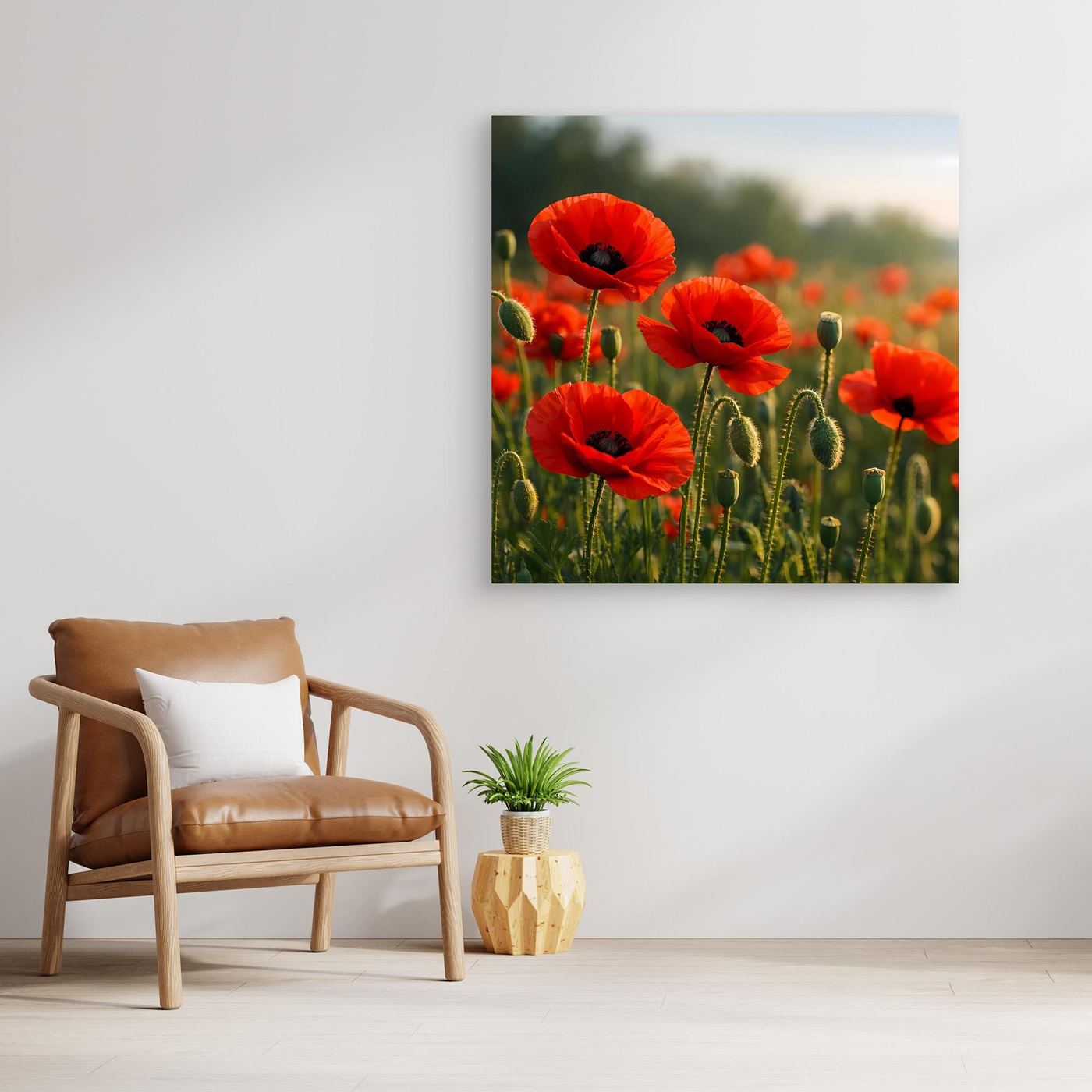 Leinwand-Wandbild mit roten Klatschmohnblüten im grünen Feld, ohne sichtbaren Rahmen