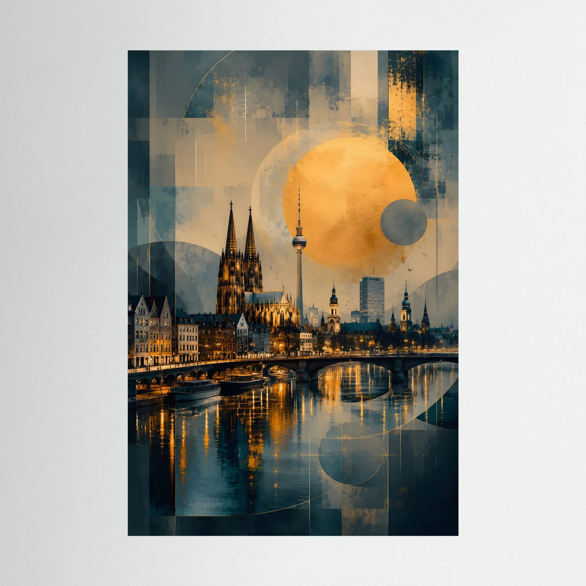 Abstraktes Poster mit Kölner Dom, Skyline am Rhein und goldener Sonne im Hochformat