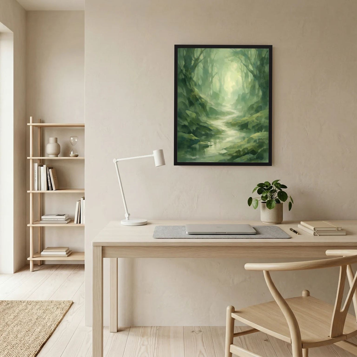 Gerahmtes Wandposter mit grünem Nebelwald, Bach im Vordergrund und hellem Licht