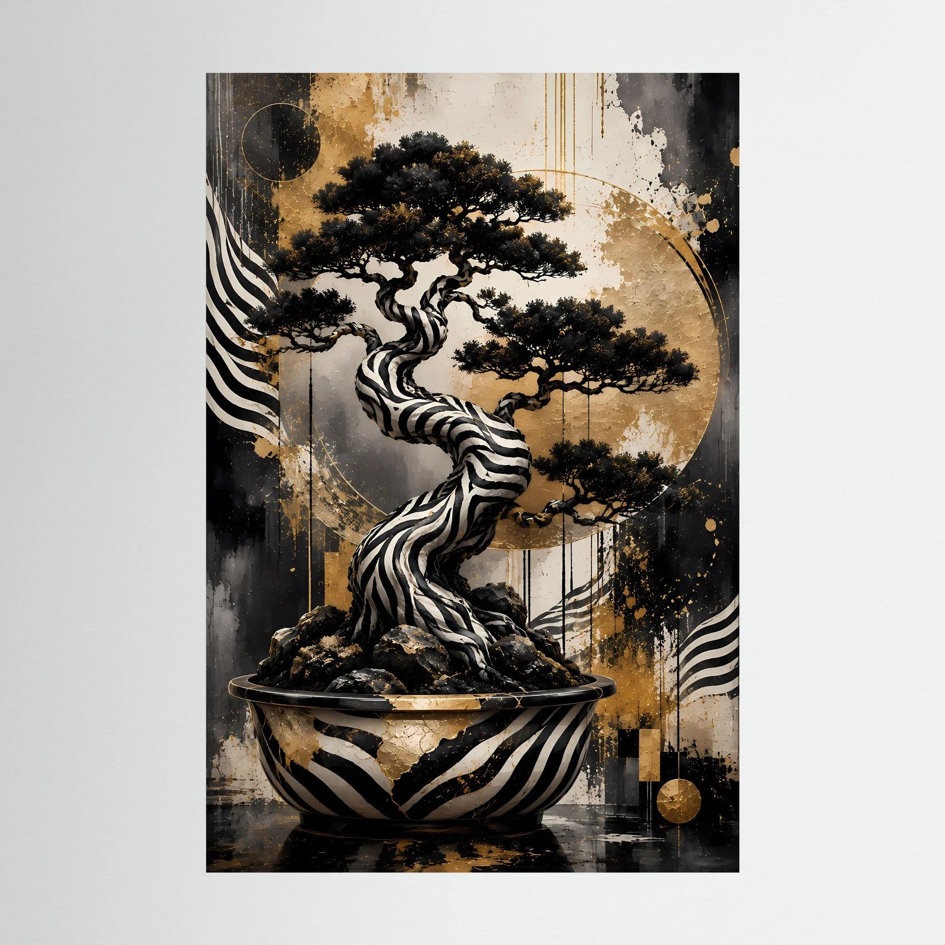 Zebra Bonsai | Abstrakter Baum in Schwarz Weiß Gold | Poster Hochformat