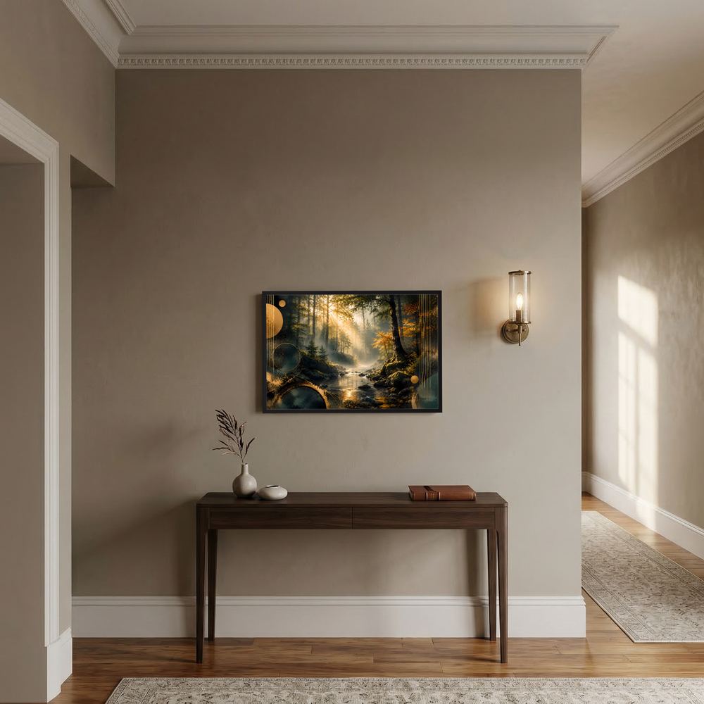 Abstraktes Wald-Poster im Querformat, gold- und grünfarbene Landschaft mit Bach