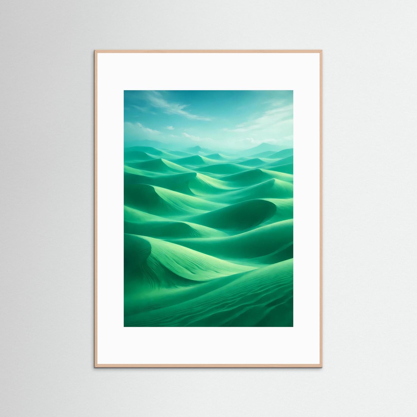 Hochformat-Poster mit abstrakten Dünen in Türkis und Smaragdgrün, weiß gerahmt