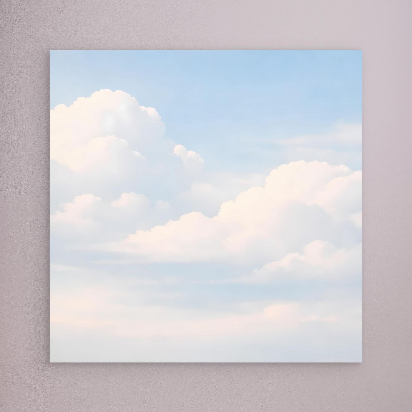 Quadratisches Leinwandbild mit Wolkenmotiv im pastelligen Himmel, ohne sichtbaren Rahmen