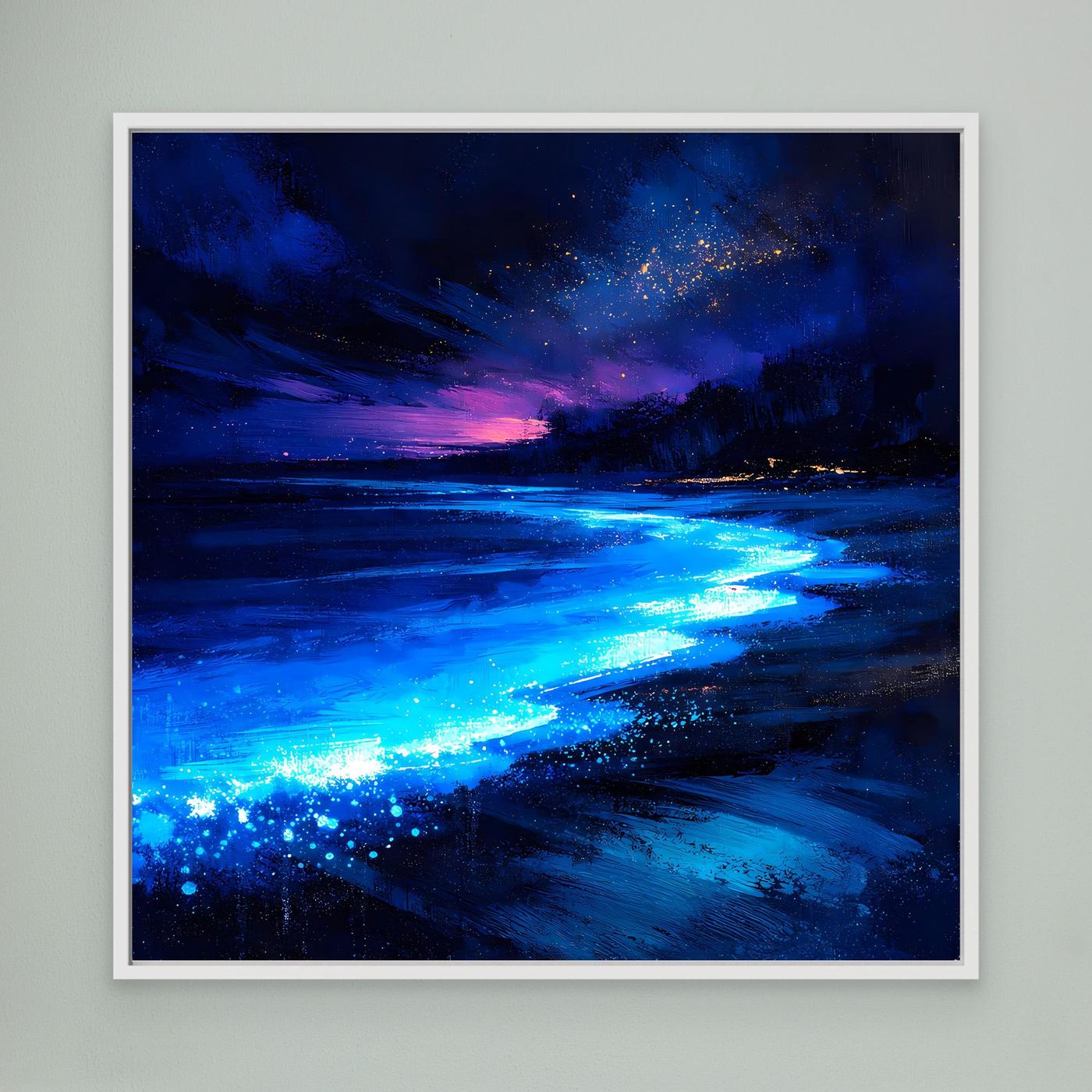 Leinwand Biolumineszierender Strand bei Nacht | Magische Wandkunst auf echter Leinwand