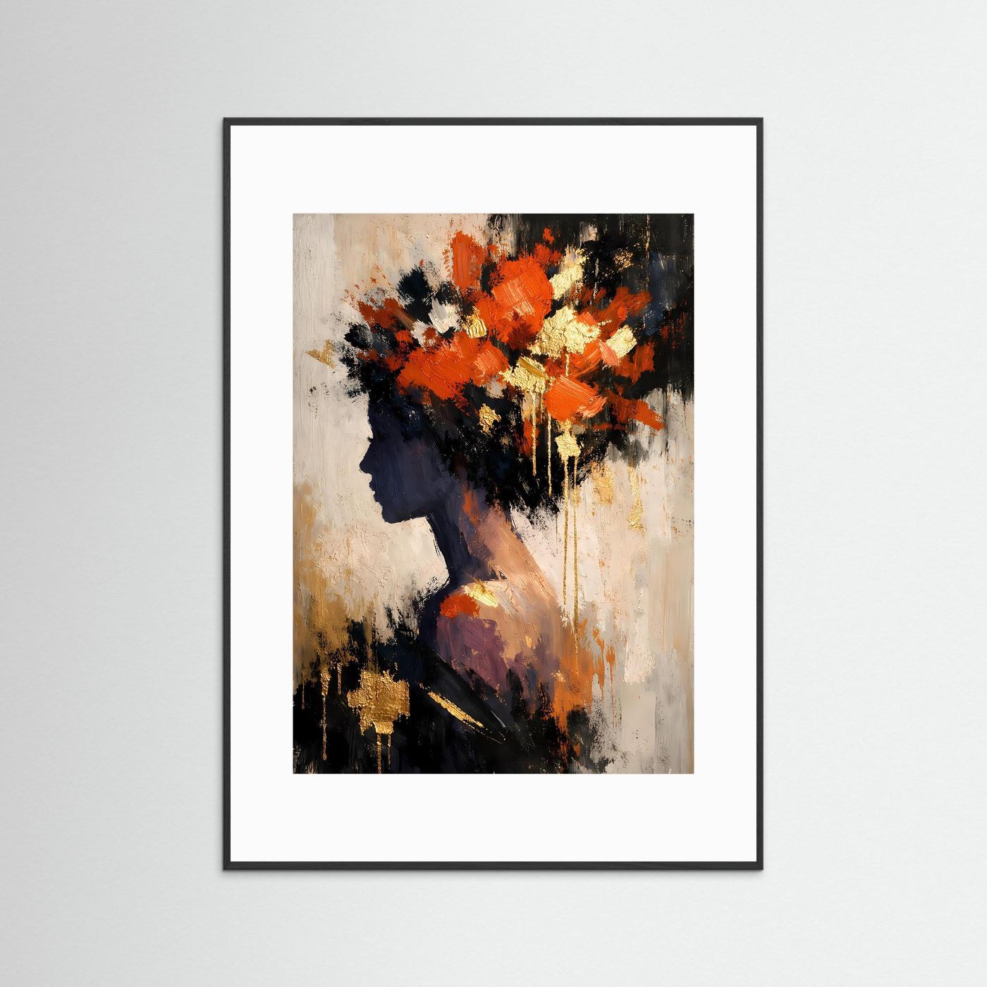Kunstposter mit weißem Passepartout und schwarzem Rahmen, abstraktes Frauenprofil in orange und gold
