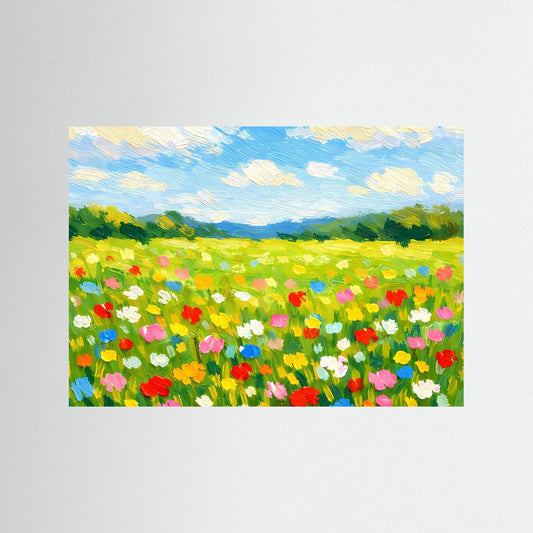 Poster Farbenfrohe Sommerwiese unter blauem Himmel | Majestätisches Buntes Wandbild