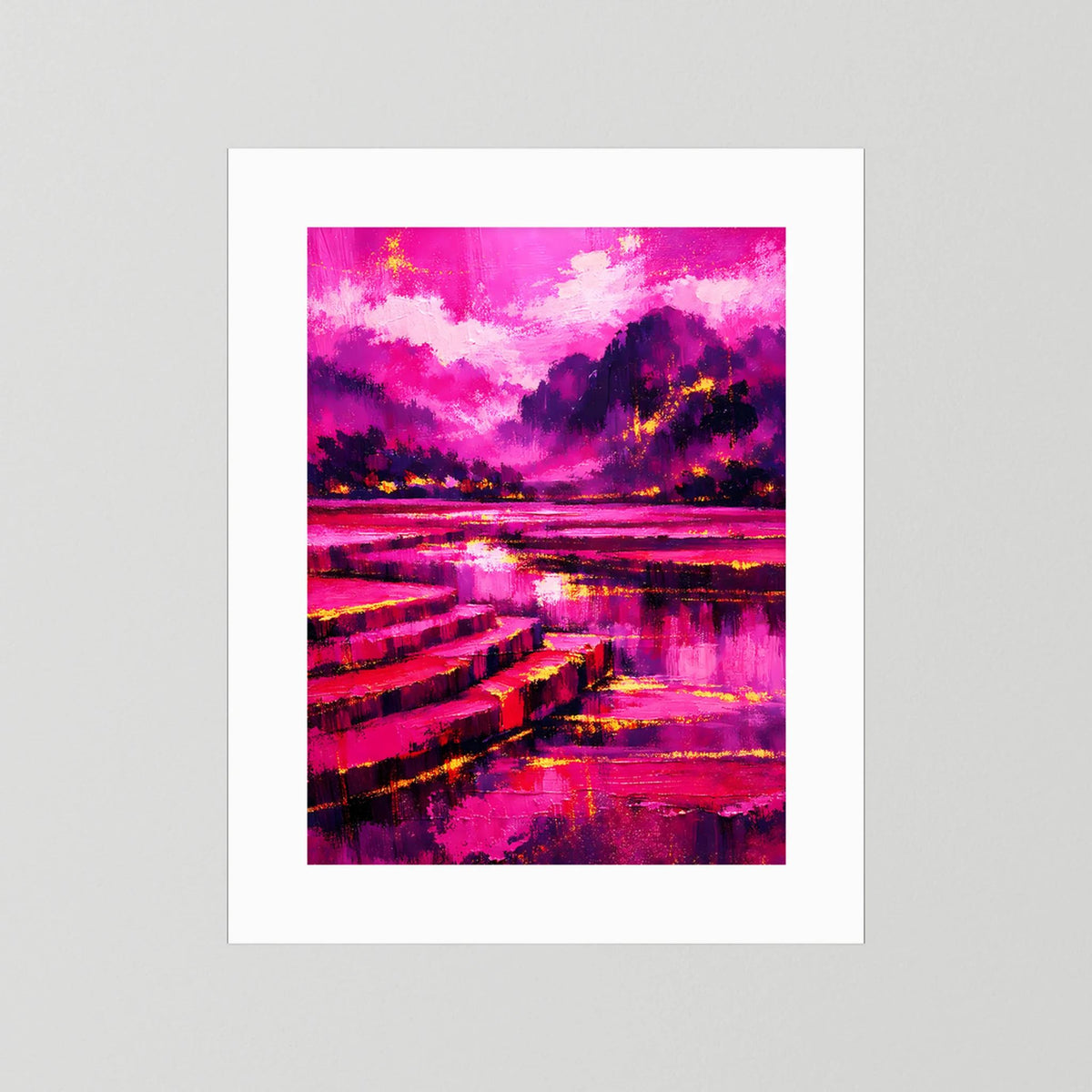 Hochformat-Poster mit Pink-Magenta-Abstraktlandschaft, Flussweg und Wolkenhimmel ohne sichtbaren Rahmen.