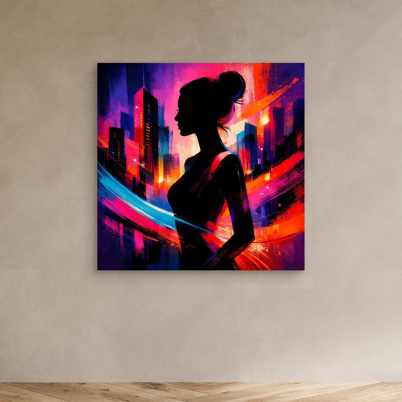 Leinwandbild: Silhouette einer Frau im Profil vor Neon-Skyline, Pink-, Blau- und Orangetöne
