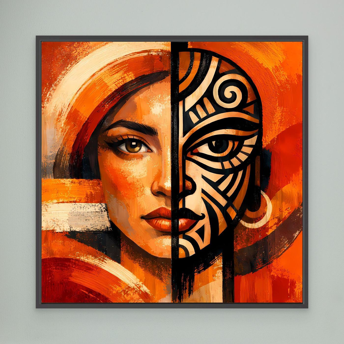 Leinwandbild mit Frauenporträt und schwarzer Maskenhälfte, orangefarbig, schwarz gerahmt.