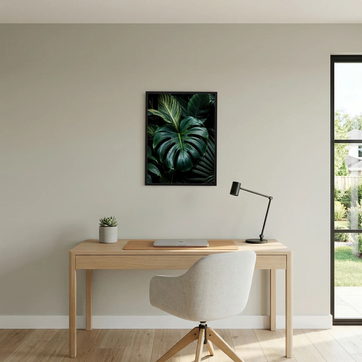 Gerahmtes Poster mit Monstera-Blättern in dunkelgrün, schwarzer Rahmen.