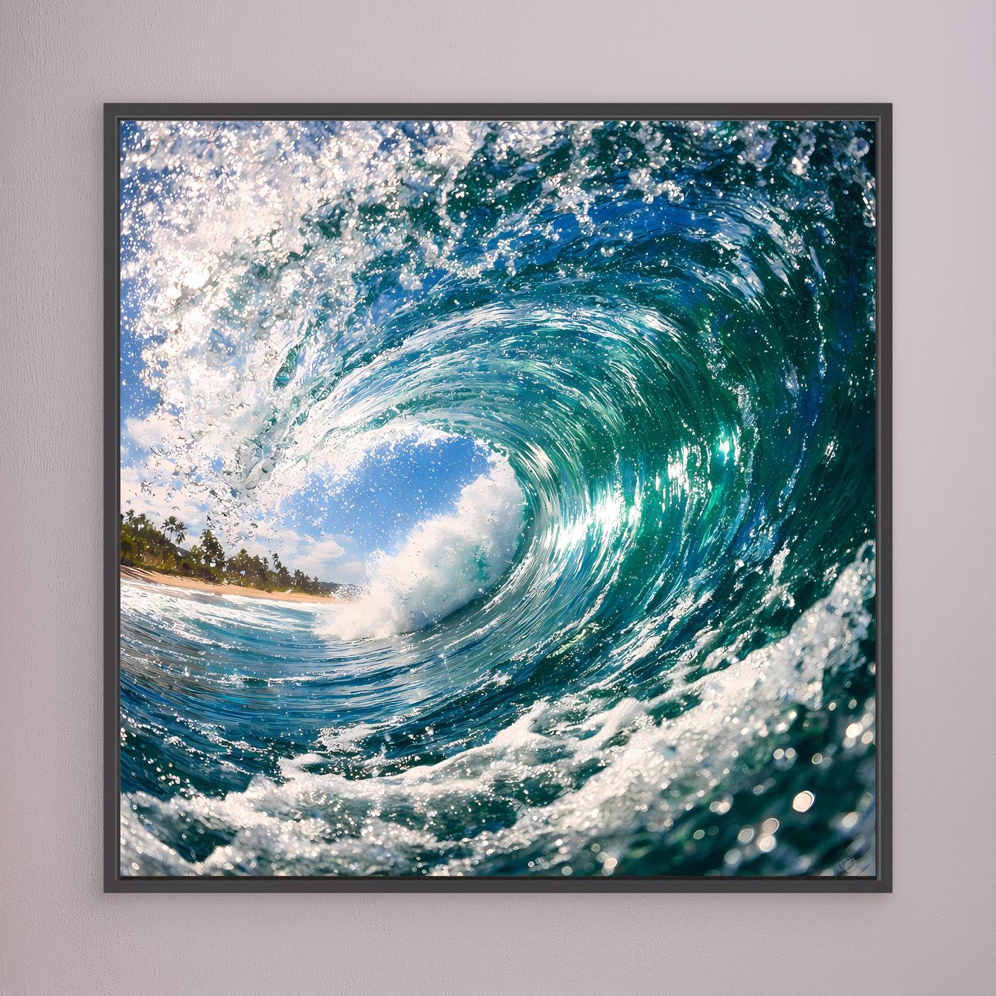 Leinwandbild Ozeanwelle mit türkisblauem Wasser und weißem Schaum, schwarz gerahmt