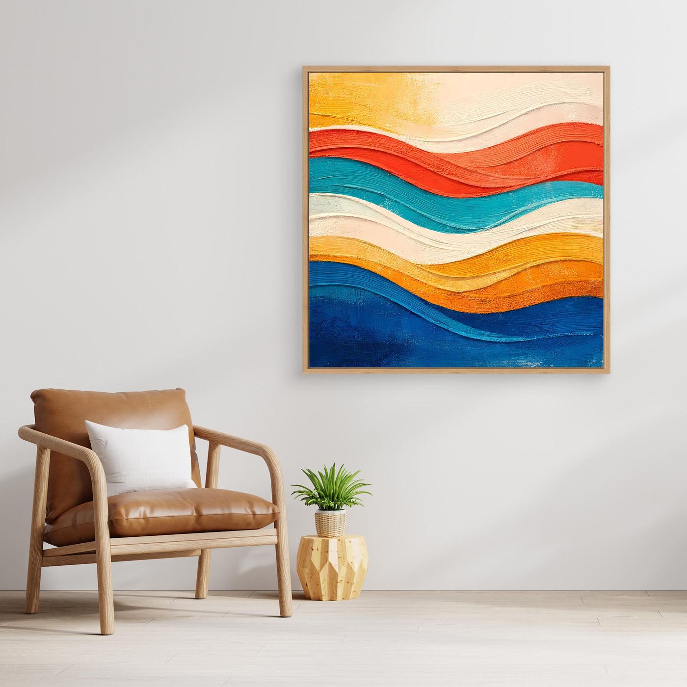 Abstraktes Leinwand-Wandbild mit Wellen aus Orange-, Türkis- und Blautönen, mit hellem Holzrahmen