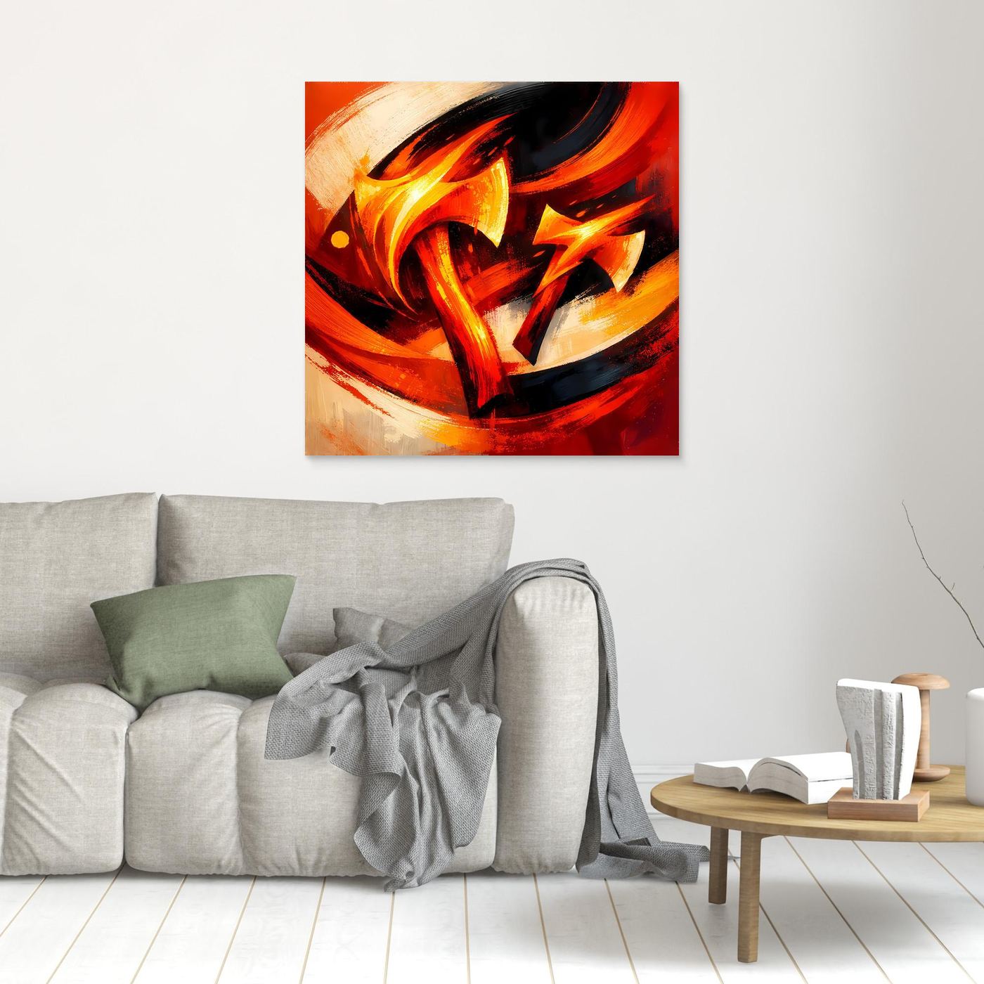 Kleines abstraktes Leinwandbild mit Wikinger-Axt, goldene Flammen, brauner Holzrahmen.