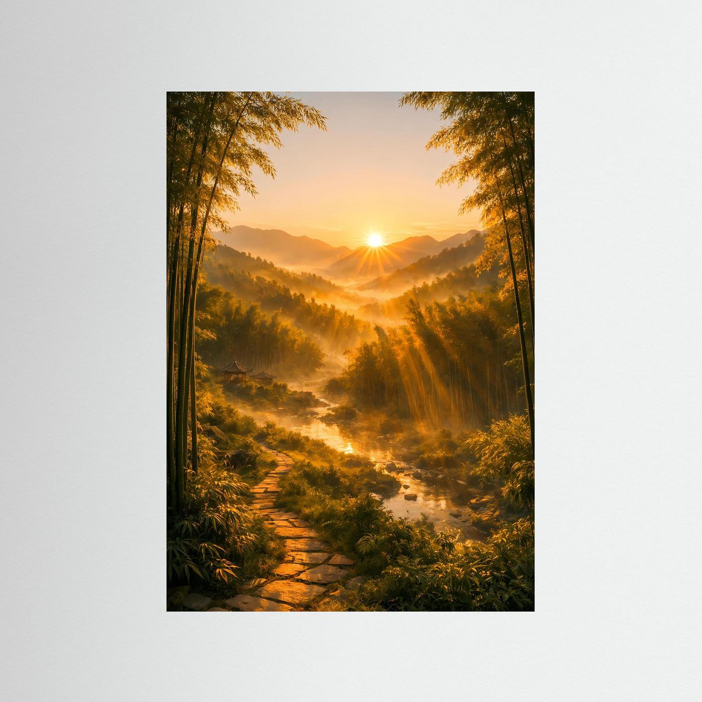 Hochformatiges Landschaftsposter mit Bambuswald, Sonnenaufgang über Tal und Bachlauf