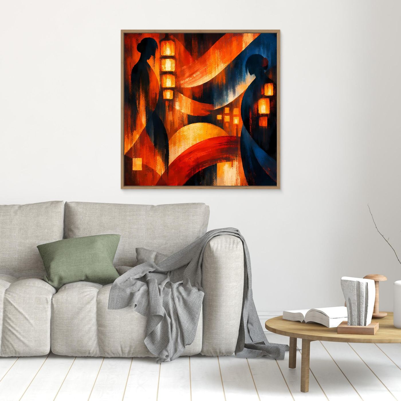 Japanisches Wandbild mit Geishas, Laternen und rot-blauem Bogenmuster über Couch und Tisch.