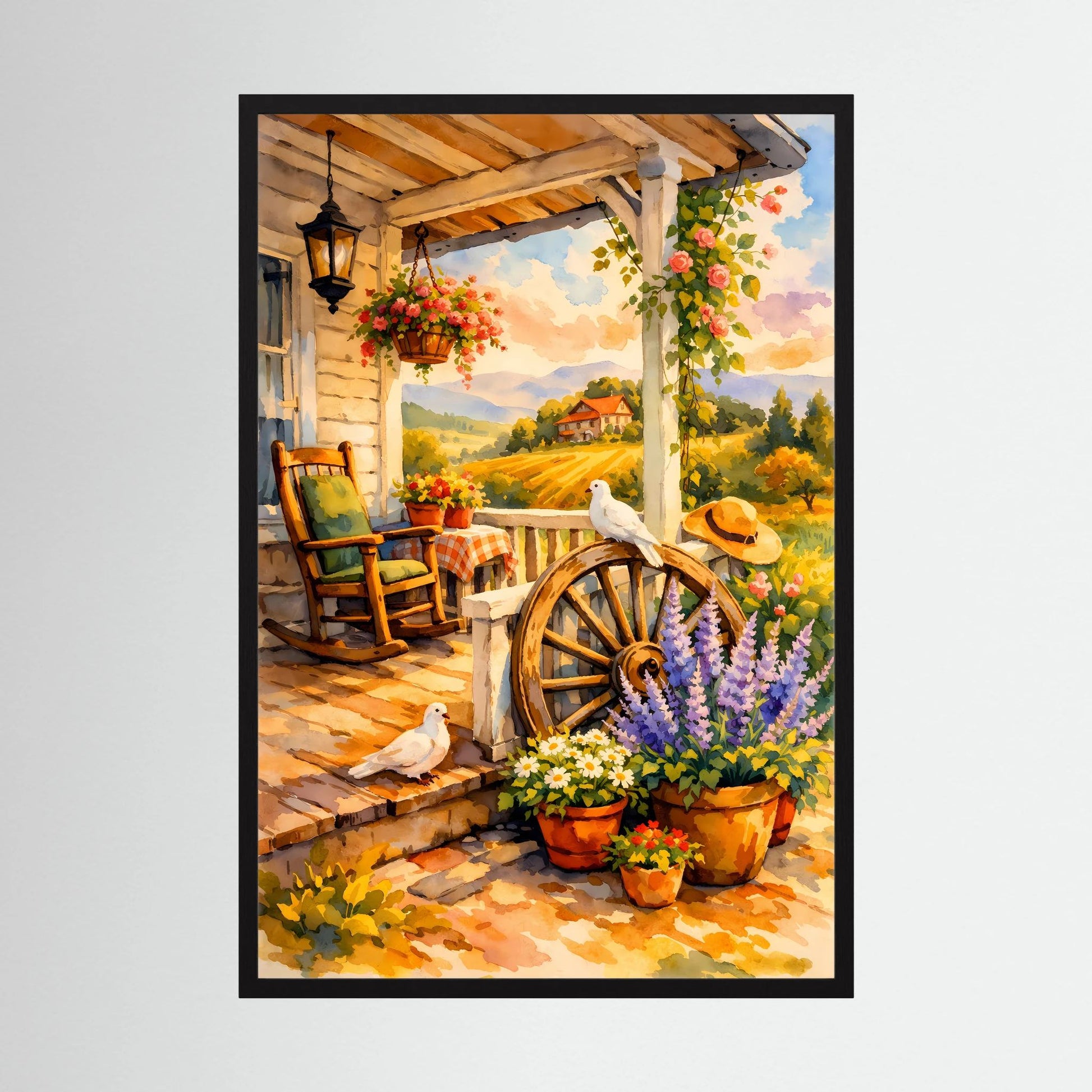 Kunstposter mit Veranda, Blumenampeln, Weinlaube, Blumentöpfen und Tauben, schwarzer Rahmen