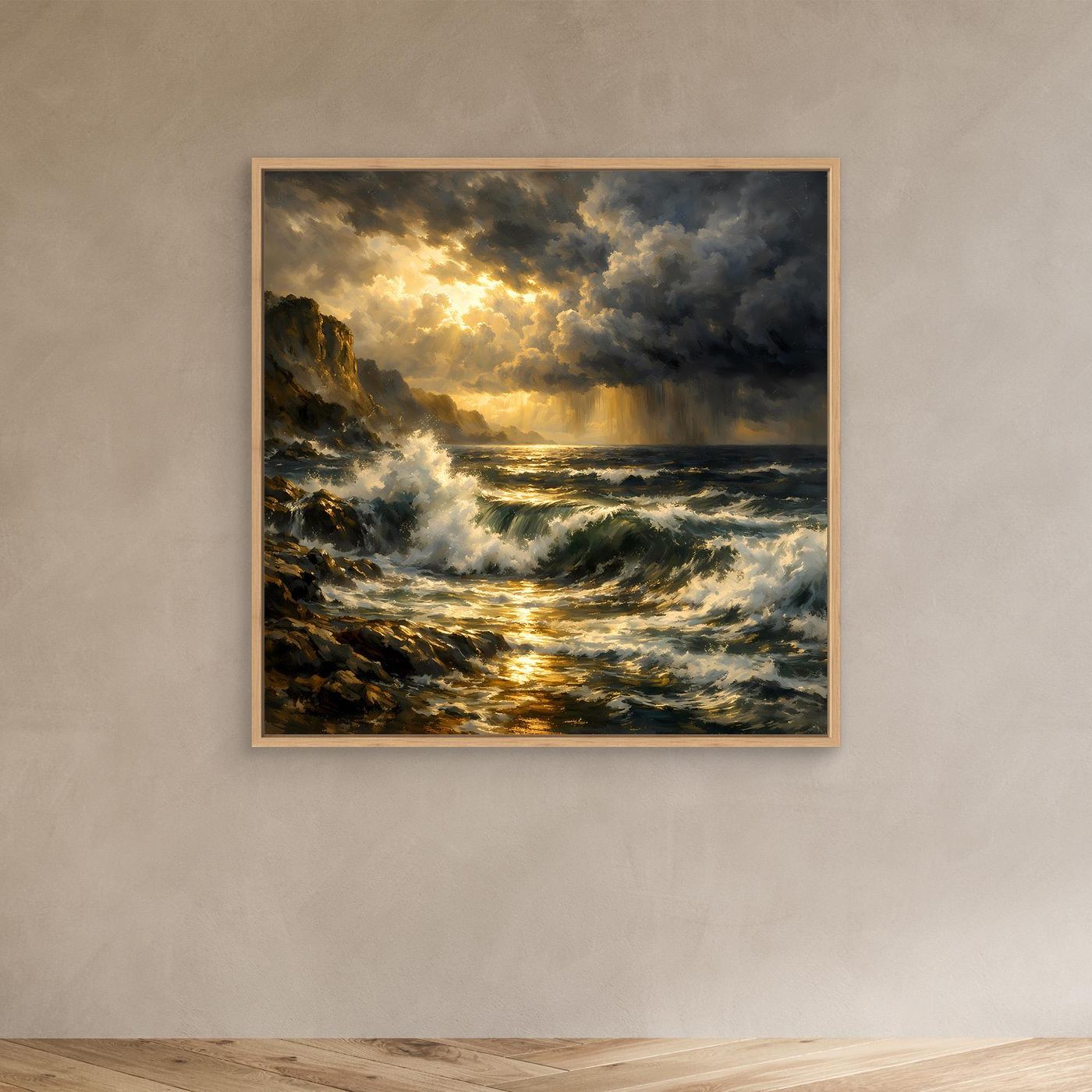 Leinwandbild mit stürmischem Meer und goldenem Licht, Wellen und Felsen, Eichenrahmen