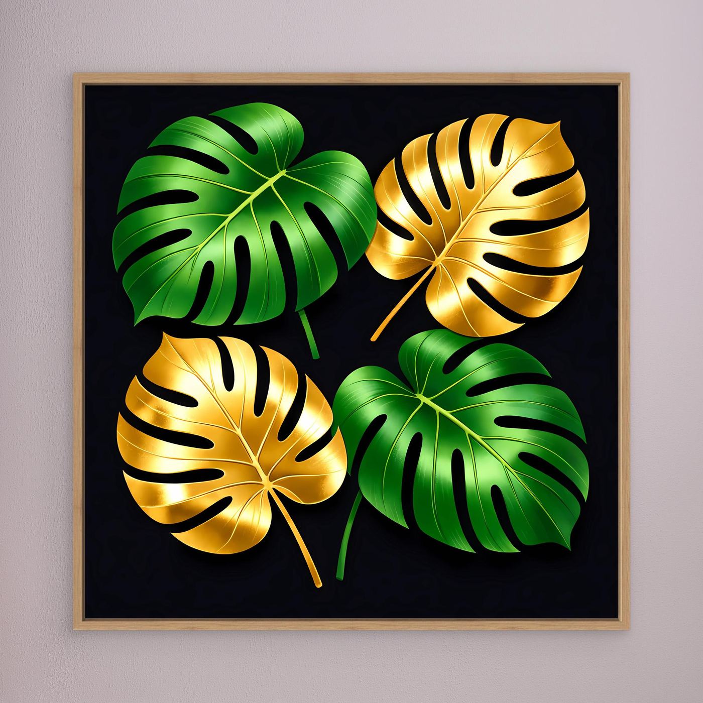 Leinwandbild mit Monstera-Blättern, grün und gold, goldbrauner Rahmen