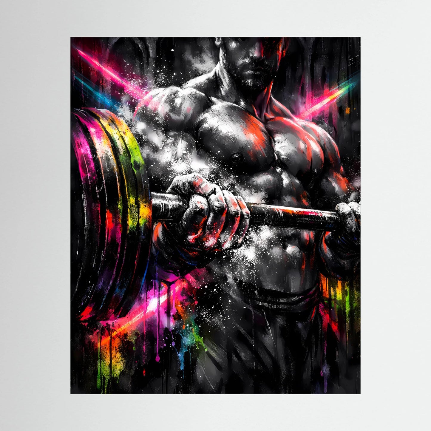 Kunstposter (Hochformat) mit Bodybuilder und Langhantel, Neon-Farbspritzer auf dunklem Motiv