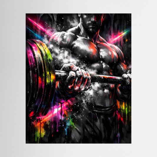 Kunstposter (Hochformat) mit Bodybuilder und Langhantel, Neon-Farbspritzer auf dunklem Motiv