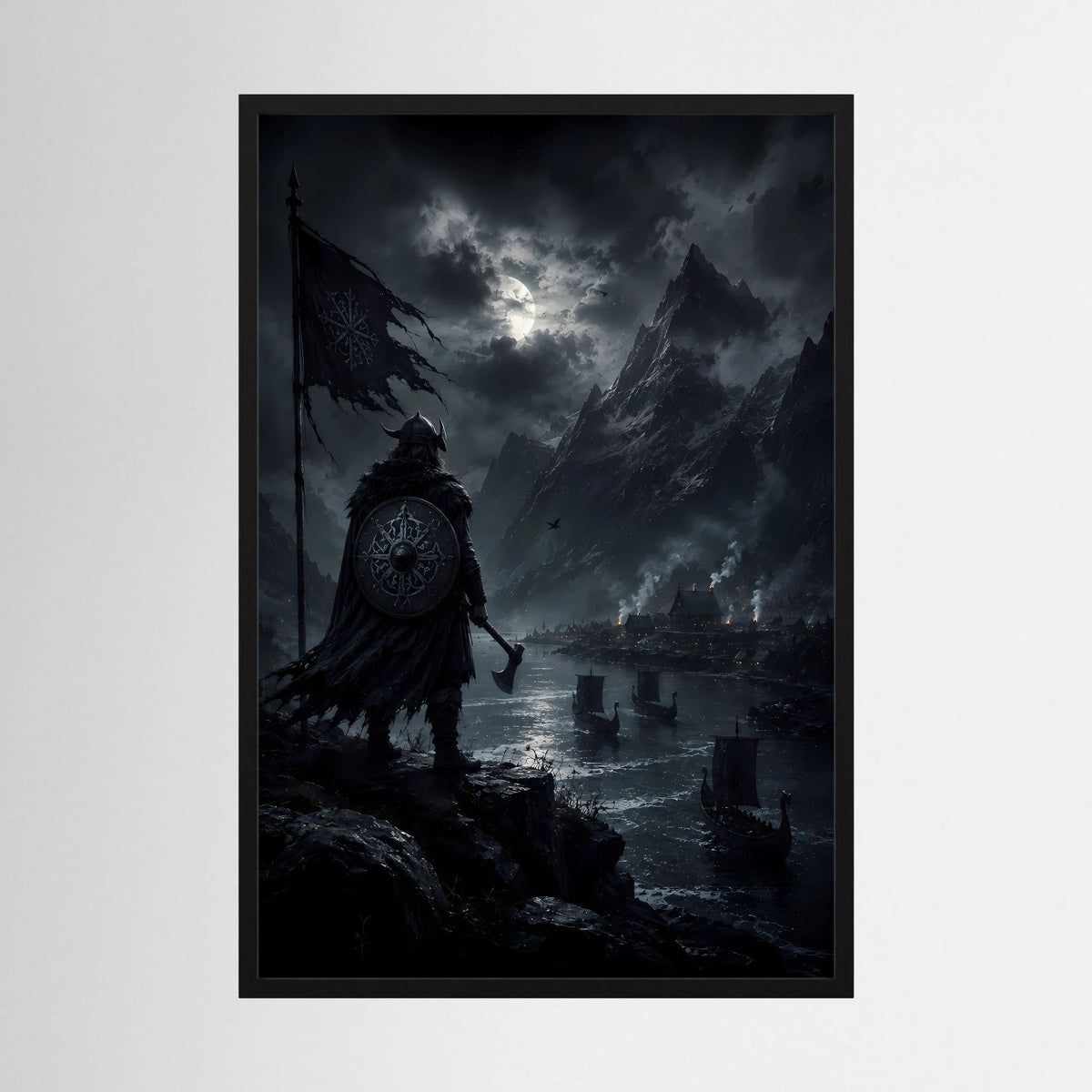 Hochformat-Poster mit Wikingerkrieger im Mondlicht, schwarze Einfassung