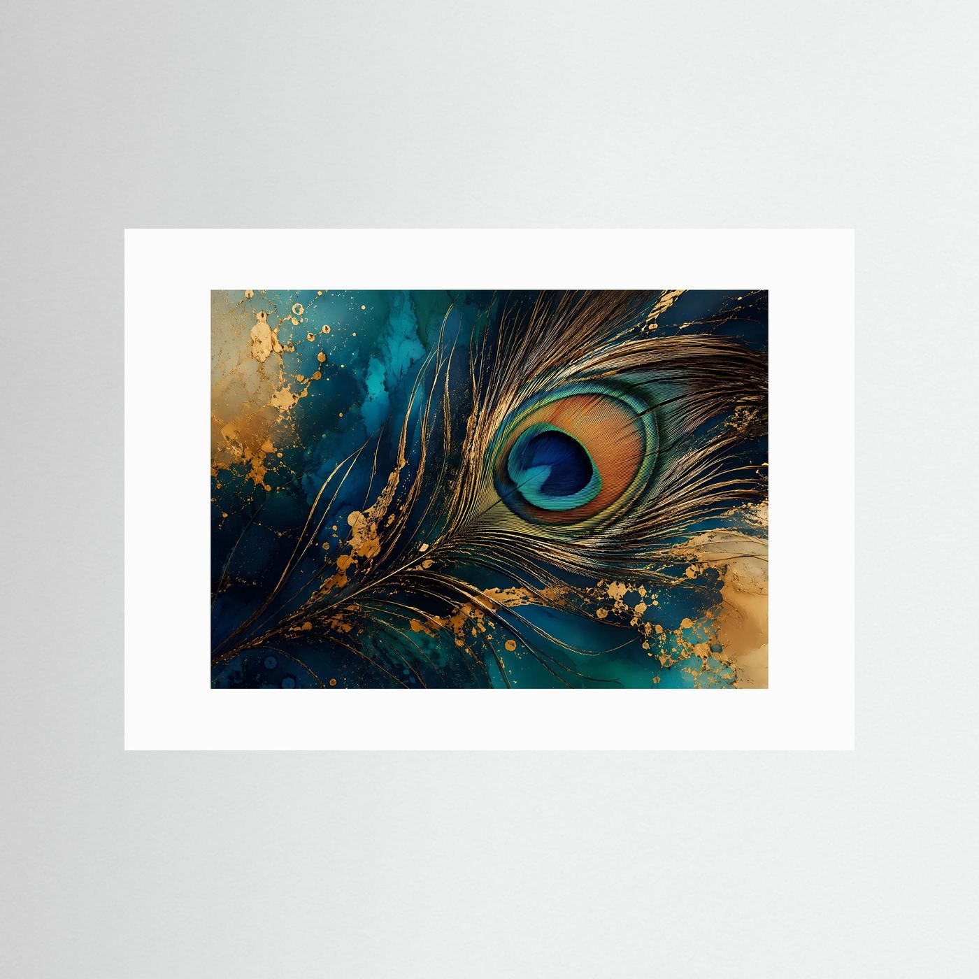 Pfauenfeder in Petrol & Gold | Luxuriöse abstrakte Wandkunst