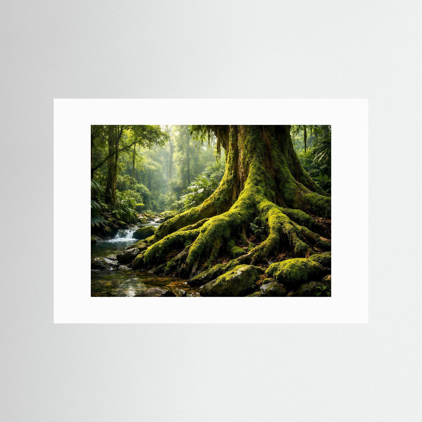 Naturposter Querformat mit Bachlauf im Urwald, große Wurzeln mit Moos, weißes Passepartout