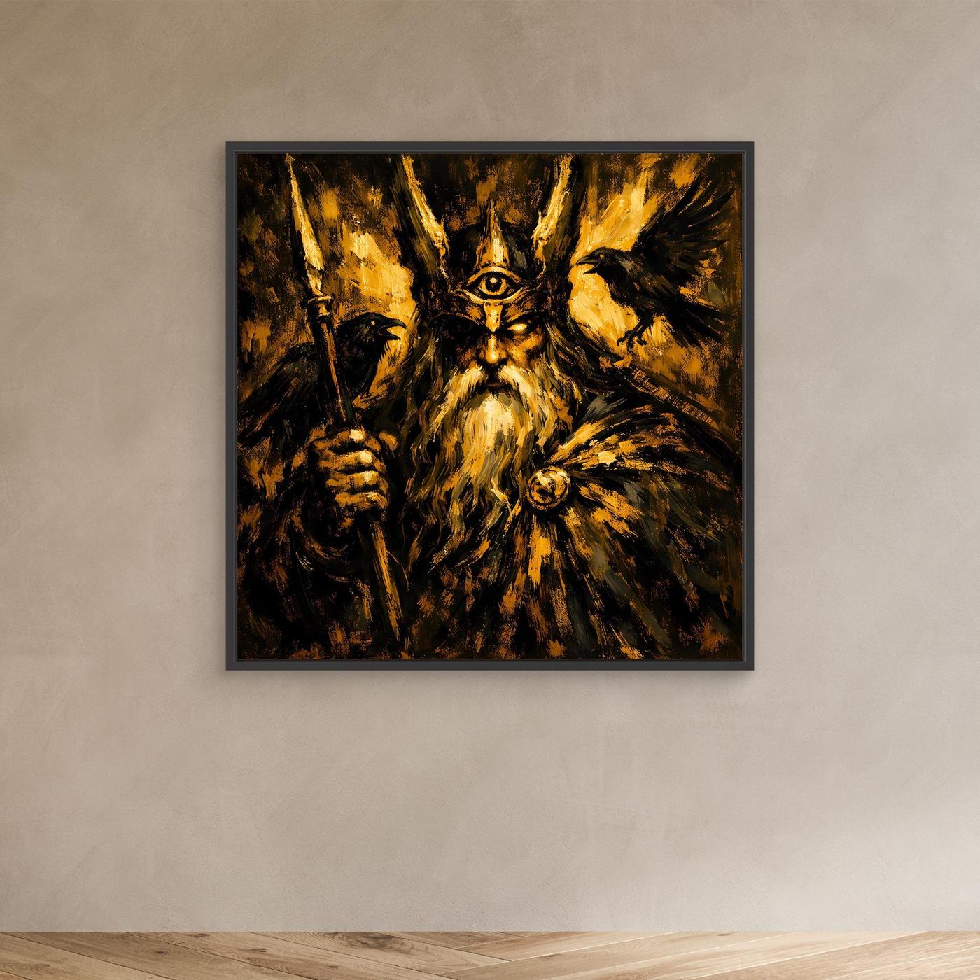 Leinwand Mythischer Allvater Odin in Goldoptik | Abstraktes Wikinger Götter Wandbild