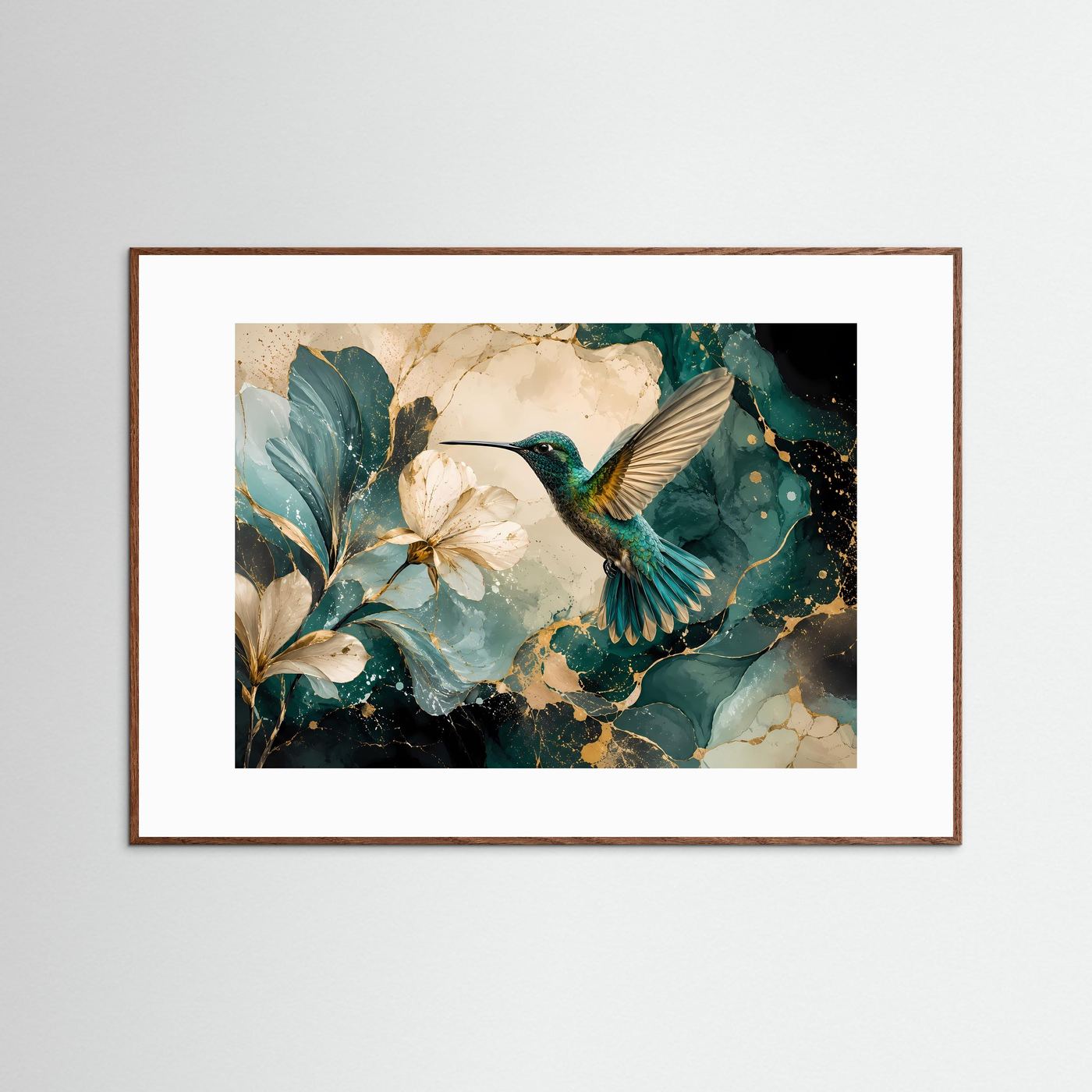 Kolibri mit Magnolienblüten Poster | Elegante Vogelkunst in Türkis Gold Modernes Blumen Wandbild Querformat