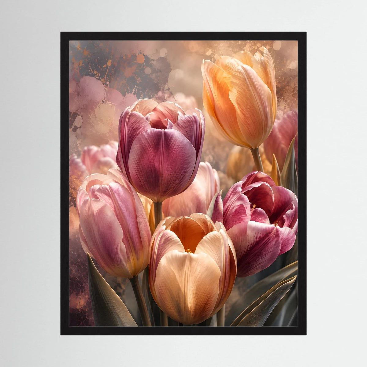 Blumenposter mit Tulpen in Rosa und Apricot im schwarzen Rahmen, Hochformat.