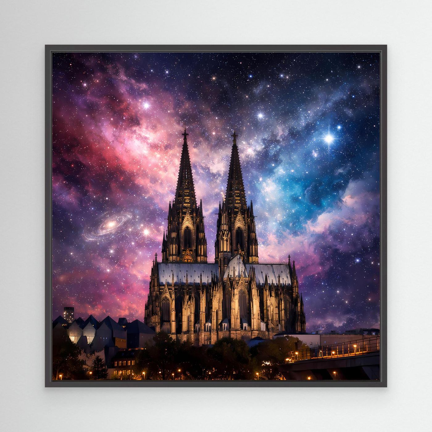 Leinwand Kosmischer Kölner Dom bei Nacht | Abstraktes Galaxie Wandbild