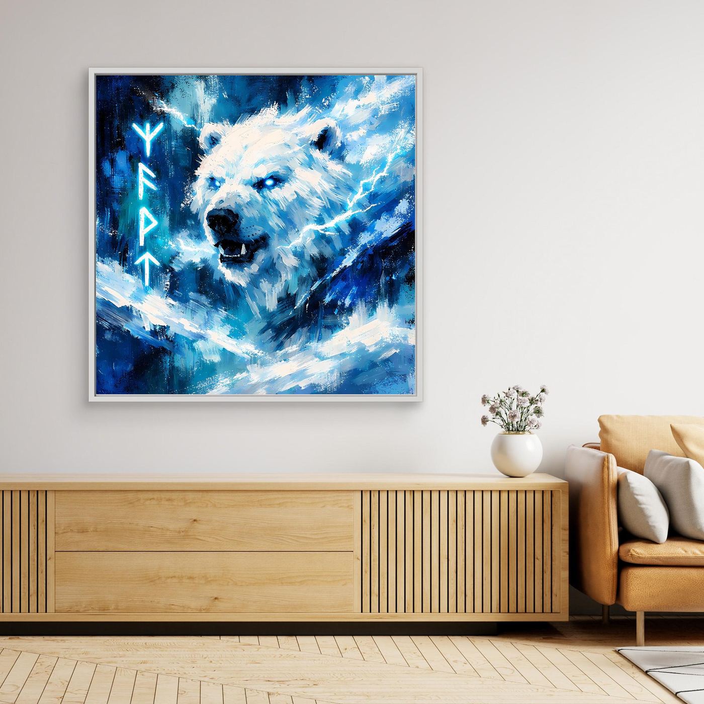 Gerahmtes Wandbild mit weißem Eisbären, blauen Runen und hellem Rahmen