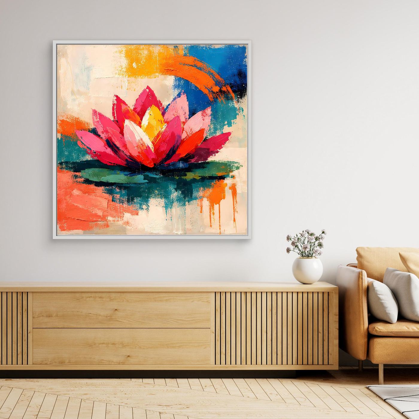 Framed abstract lotus canvas wall art with pink and orange petals and teal leaves