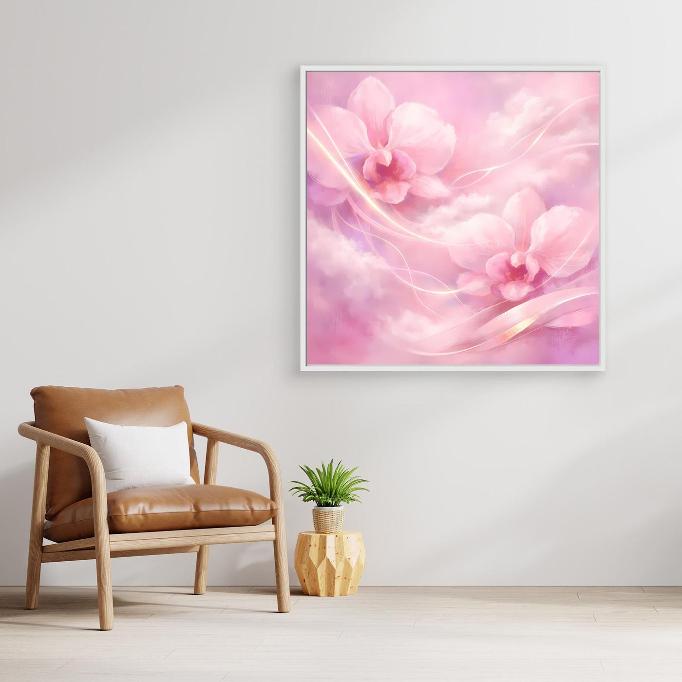 Leinwandbild mit rosa Orchideen-Motiv, weißer Rahmen