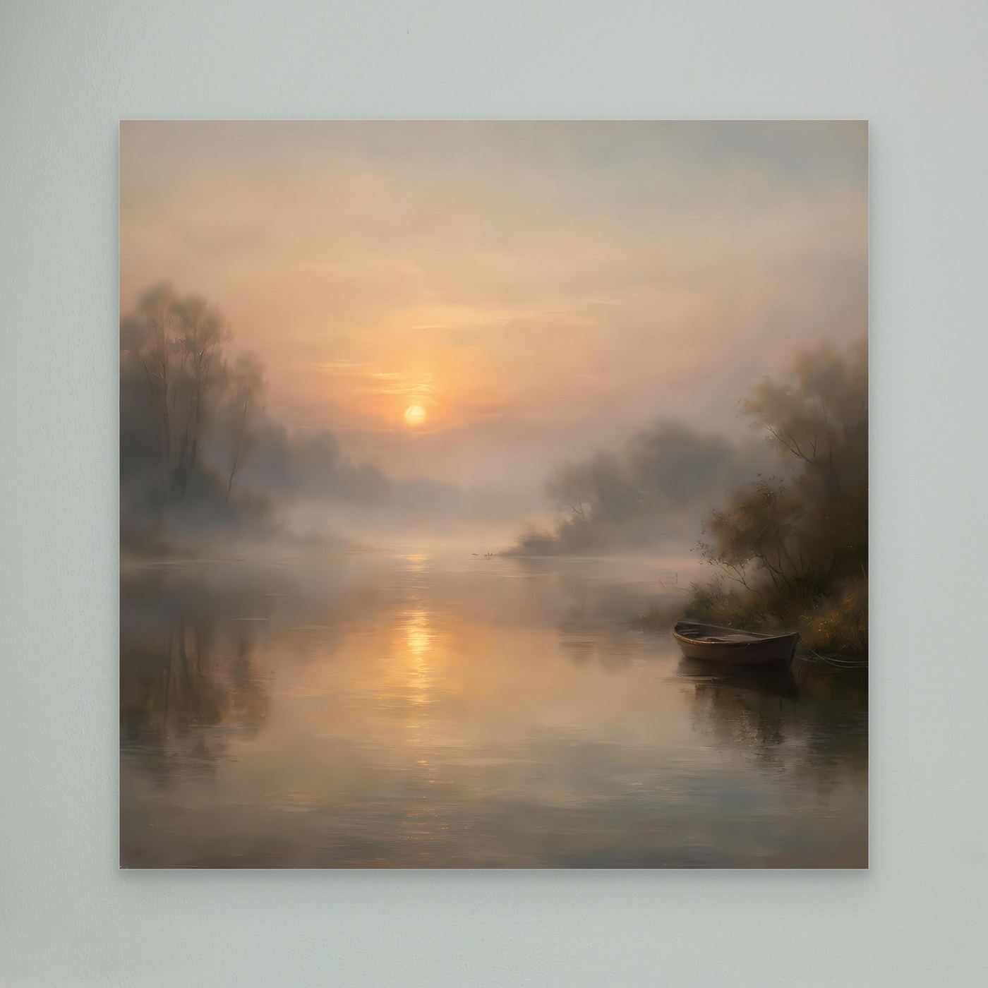 Leinwandbild: nebliger Fluss mit Sonnenaufgang, Boot und dunklen Uferbäumen