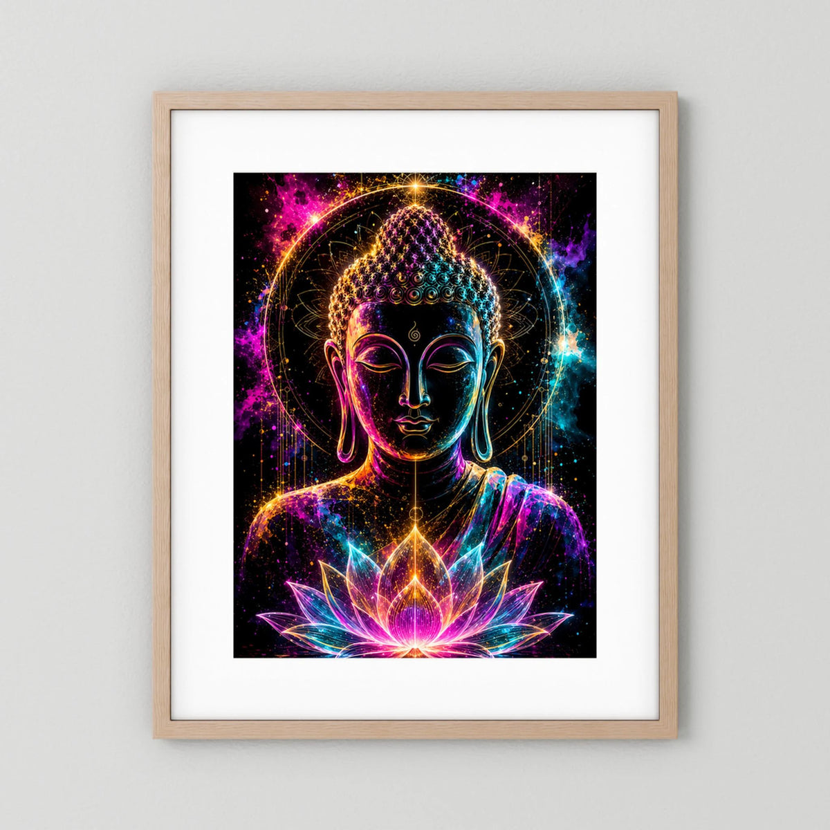 Kunstposter mit Buddha im Neon-Look, leuchtende Lotusblüte, Holzrahmen hell