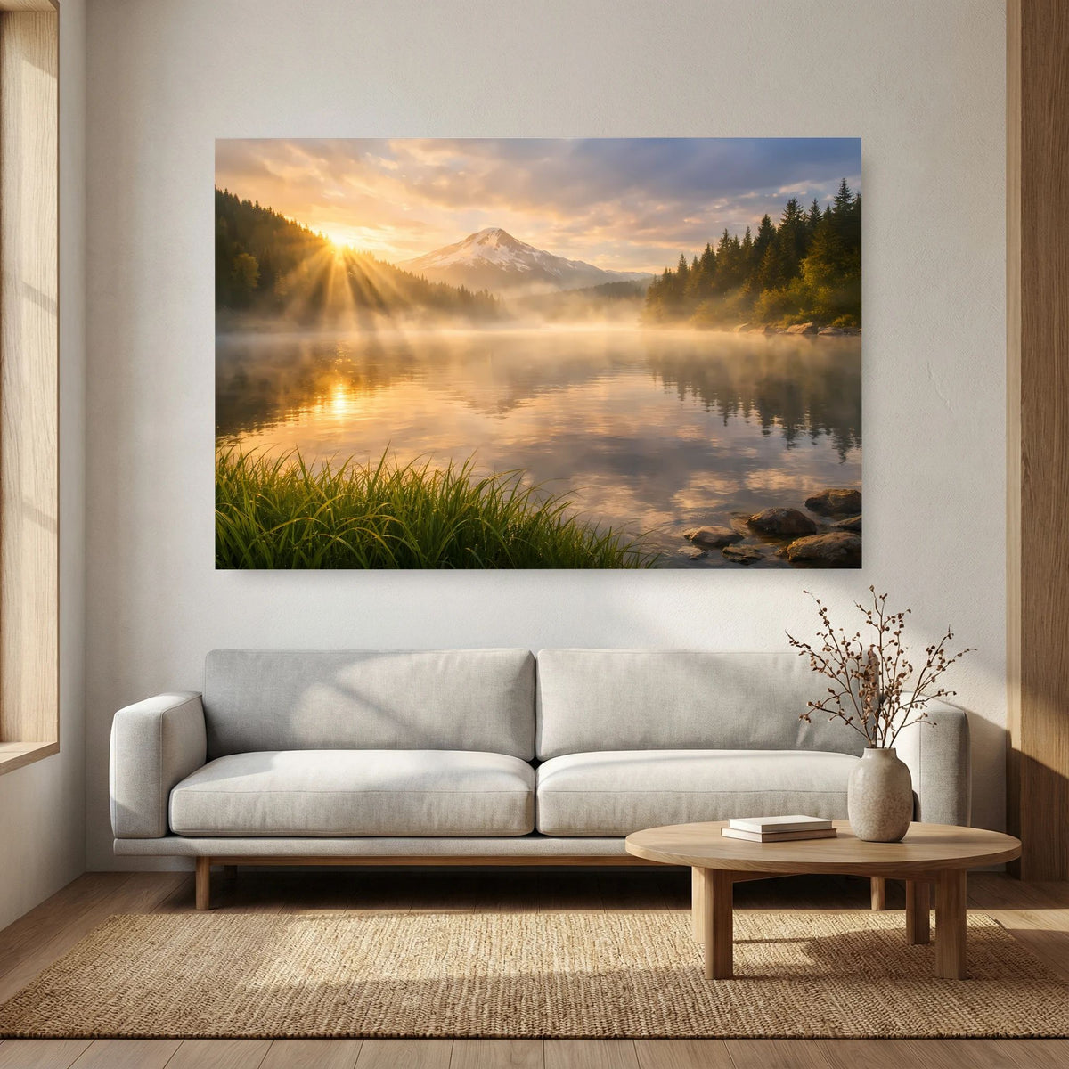Wandbild-Poster querformat: Bergsee mit Sonnenstrahlen, Schilf im Vordergrund