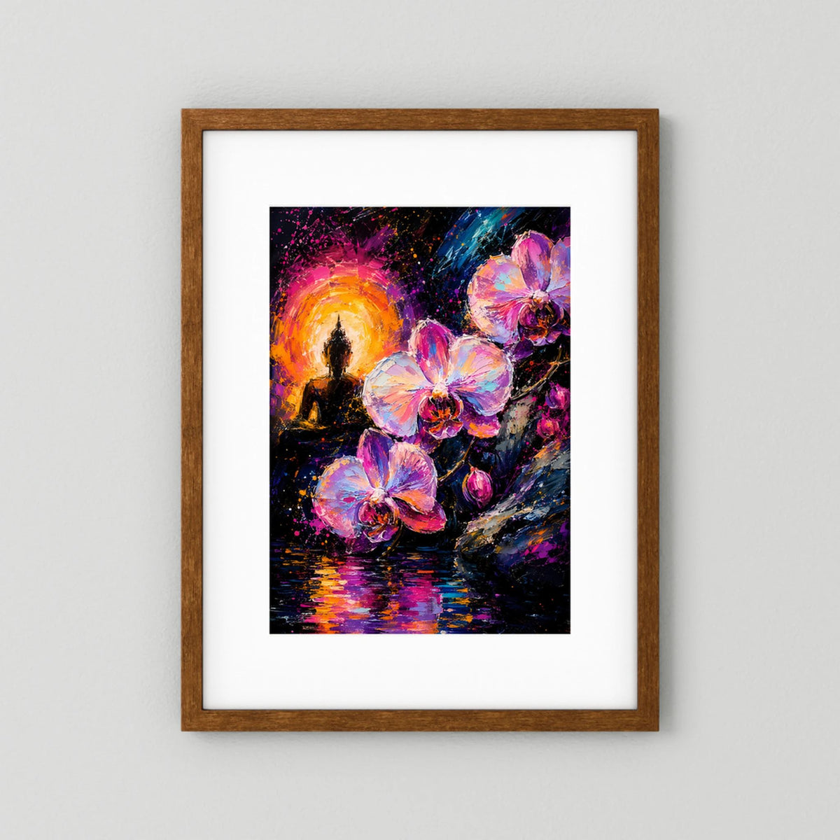 Poster mit Buddha-Silhouette und pinken Orchideen in Neonfarben, im Holzrahmen