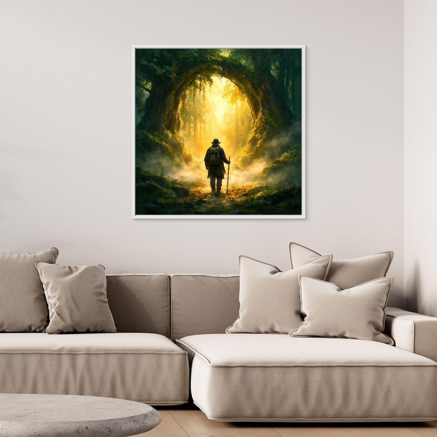 Leinwand Mystischer Wanderer am Waldportal | Abstraktes Natur Zauberwald Wandbild