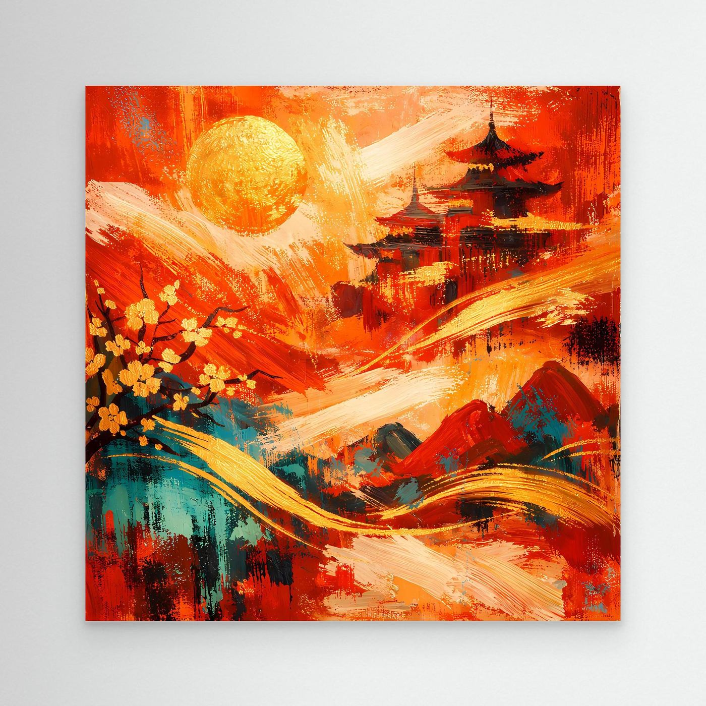 Abstraktes Leinwandbild: Pagode, große Sonne und Blüten in Rot, ohne sichtbaren Rahmen