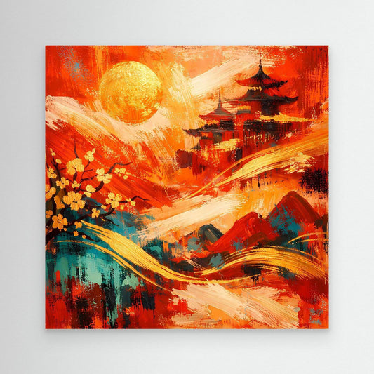 Abstraktes Leinwandbild: Pagode, große Sonne und Blüten in Rot, ohne sichtbaren Rahmen