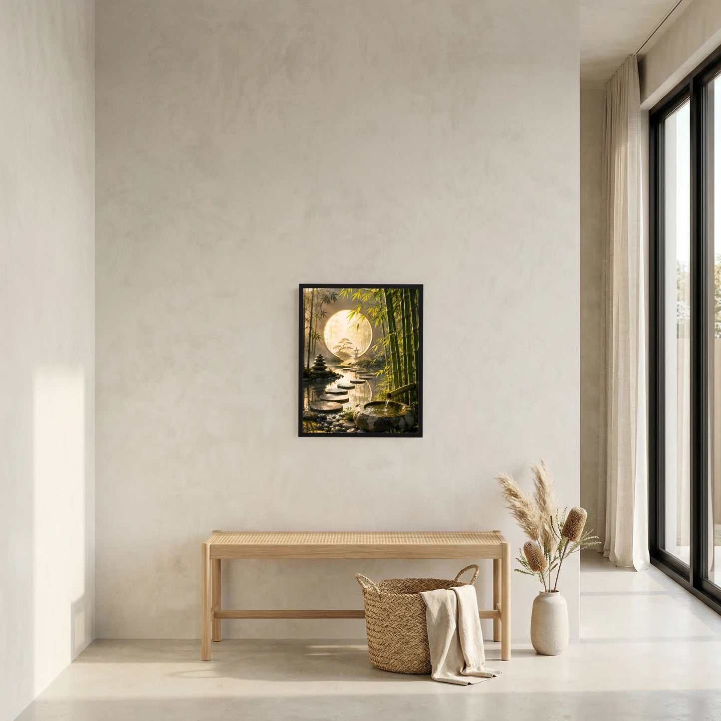 Zen-Garten-Poster im Hochformat mit schwarzem Rahmen, rundes Mondtor über Bach und Bambus