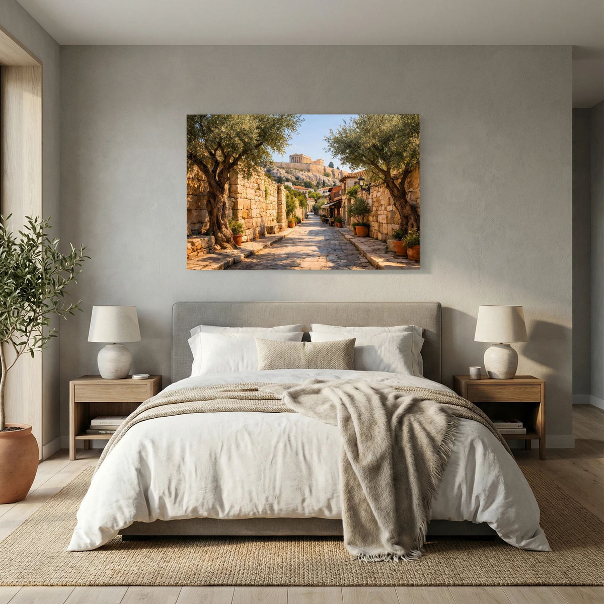 Wandbild im Querformat über Bett: Altstadtgasse mit Olivenbäumen und Akropolis