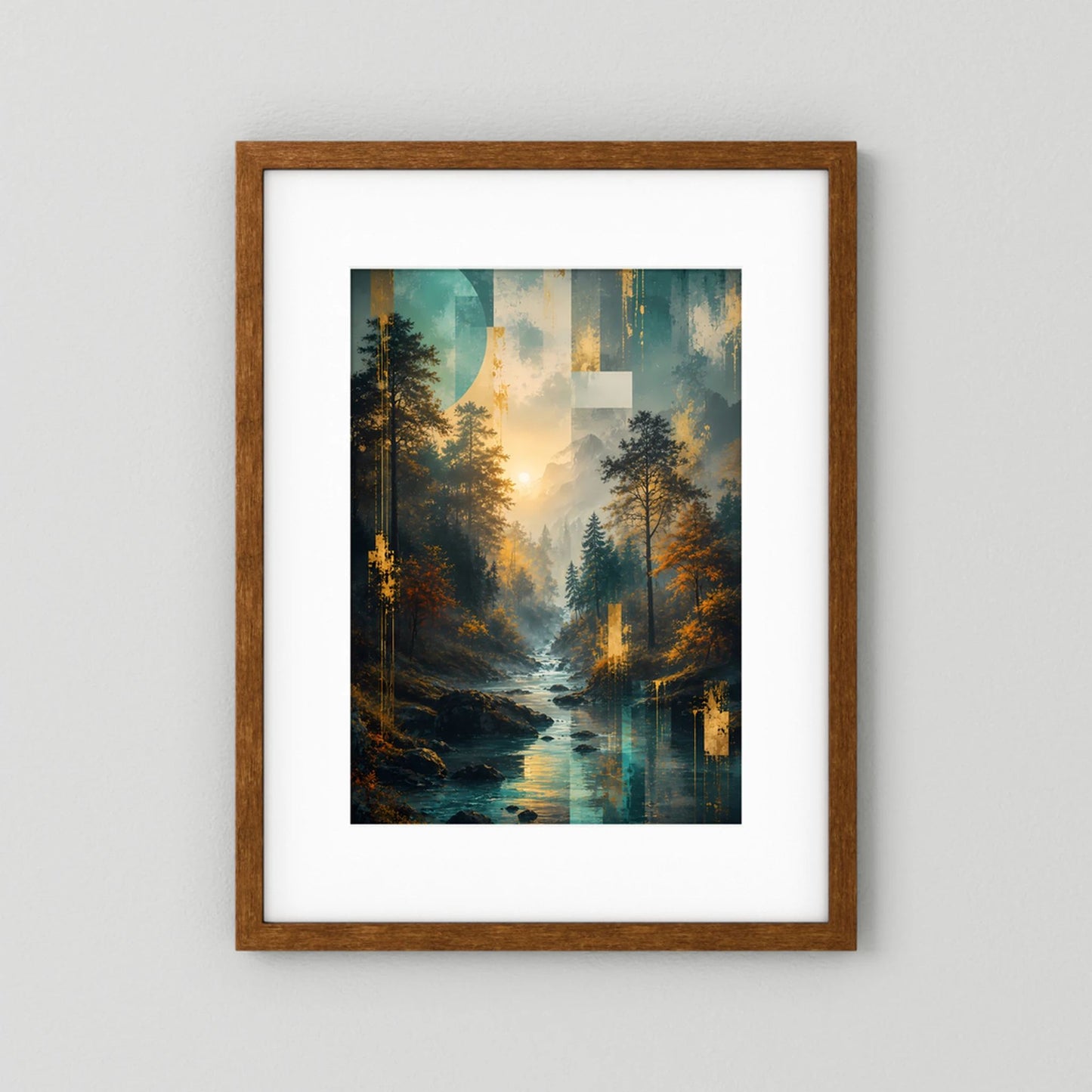Gerahmtes Poster mit Wald- und Flussmotiv im braunen Holzrahmen, mit weißem Rand